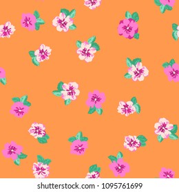 Seamless gorgeous pattern in small-scale cute pink flowers. Millefleurs. Floral rose background for textile, wallpaper, pattern fills, covers, surface, print, gift wrap, scrapbooking, decoupage.