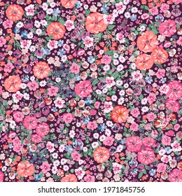 Seamless gorgeous pattern in small-scale cute ditsy flowers. Millefleurs. Floral background for textile, wallpaper, pattern fills, covers, surface, print, gift wrap, scrapbooking, decoupage.