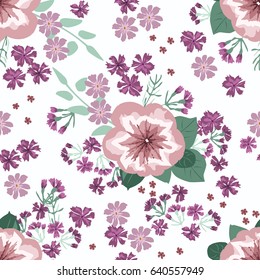 Seamless gorgeous pattern in small-scale cute flowers of petunias. Millefleurs. Floral background for textile, wallpaper, pattern fills, covers, surface, print, gift wrap, scrapbooking, decoupage.