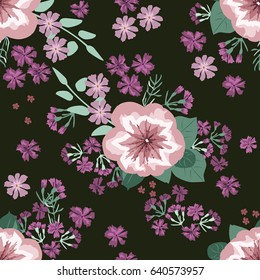 Seamless gorgeous pattern in small-scale cute flowers of petunias. Millefleurs. Floral background for textile, wallpaper, pattern fills, covers, surface, print, gift wrap, scrapbooking, decoupage.