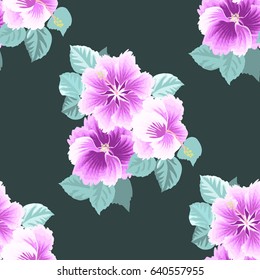 Seamless gorgeous pattern in tropical flowers of hibiscus. Floral exotic background for textile, wallpaper, pattern fills, covers, surface, print, gift wrap, scrapbooking, decoupage.