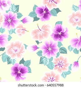Seamless gorgeous pattern in tropical flowers of hibiscus. Floral exotic background for textile, wallpaper, pattern fills, covers, surface, print, gift wrap, scrapbooking, decoupage.