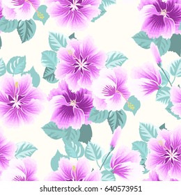 Seamless gorgeous pattern in tropical flowers of hibiscus. Floral exotic background for textile, wallpaper, pattern fills, covers, surface, print, gift wrap, scrapbooking, decoupage.