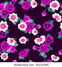 Seamless gorgeous pattern in tropical flowers of hibiscus. Floral exotic background for textile, wallpaper, pattern fills, covers, surface, print, gift wrap, scrapbooking, decoupage.