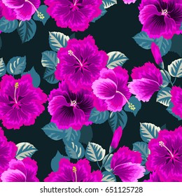 Seamless gorgeous pattern in tropical flowers of hibiscus. Floral exotic background for textile, wallpaper, pattern fills, covers, surface, print, gift wrap, scrapbooking, decoupage.