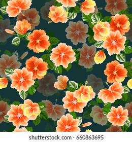 Seamless gorgeous pattern in tropical flowers of hibiscus. Floral exotic background for textile, wallpaper, pattern fills, covers, surface, print, gift wrap, scrapbooking, decoupage.