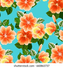 Seamless gorgeous pattern in tropical flowers of hibiscus. Floral exotic background for textile, wallpaper, pattern fills, covers, surface, print, gift wrap, scrapbooking, decoupage.