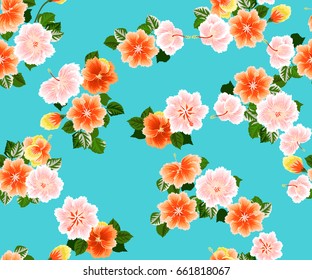Seamless gorgeous pattern in tropical flowers of hibiscus. Floral exotic background for textile, wallpaper, pattern fills, covers, surface, print, gift wrap, scrapbooking, decoupage.