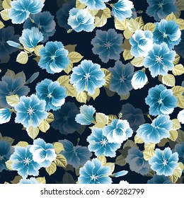 Seamless gorgeous pattern in tropical flowers of hibiscus. Floral exotic background for textile, wallpaper, pattern fills, covers, surface, print, gift wrap, scrapbooking, decoupage.