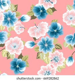 Seamless gorgeous pattern in tropical flowers of hibiscus. Floral exotic background for textile, wallpaper, pattern fills, covers, surface, print, gift wrap, scrapbooking, decoupage.
