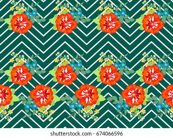 Seamless gorgeous pattern in tropical red flowers. Floral exotic geometric background for textile, wallpaper, pattern fills, covers, surface, print, gift wrap, scrapbooking, decoupage.