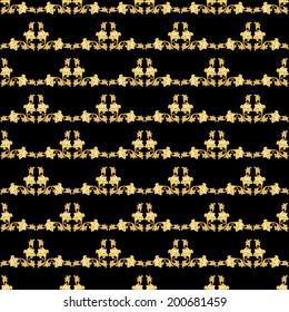 Seamless gorizontal gold floral pattern on black background