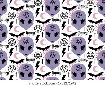 Seamless gothic alien pattern in violet color