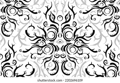Seamless gothic black and white pattern of graphic symmetrical decorative elements in boho style with ethnic elements. Can be used for a design of wrapping paper or wallpaper