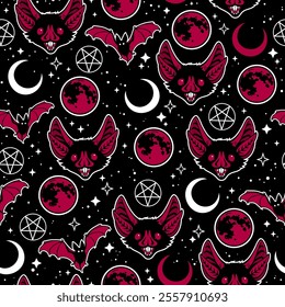 Seamless gothic pattern. Bat heads and moons