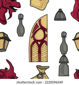 Seamless Gothic pattern. A church, a gargoyle statue, a tombstone, a bag of gold, a window. Victorian style. Vector, Gothic illustration. Stone sculpture.