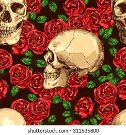 Seamless Gothic Pattern With Color Hand Drawn Skulls And Red Roses