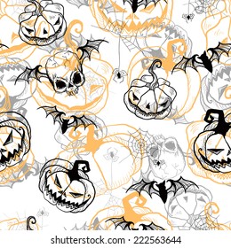 Seamless  Gothic pattern of hand-drawn cartoon bats, spider webs, pumpkin, and skull for Halloween