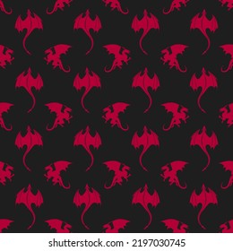 Seamless gothic pattern made up of red dragons and wyverns on the black background. Endless repeating texture for printing on package, wrappers, textile, envelopes, cards or cloth. Fabric design.