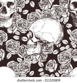 Seamless Gothic Pattern With Monochrome Hand Drawn Skulls And Roses