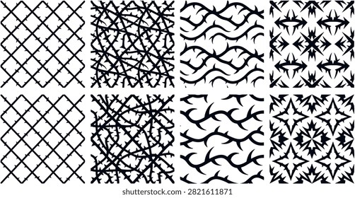 Seamless Gothic Thorn Tile Pattern Set with Prickly Bramble Fence and Tribal Barb Silhouettes for Dark Punk Textile and Wallpaper Designs.eps
