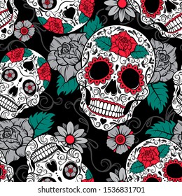 Seamless Gothic Vector Pattern With Skulls On Black Background. Day Of The Dead. 