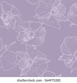 Seamless grace pattern with flower of orchid. Colorful hand drawing background. Tropical orchid. Decorative repeated ornament for printing, paper decoration and textile design. Pastel colors