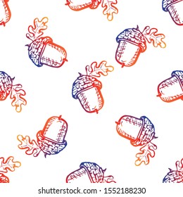 Seamless gradient pattern with hand drawn acorns on white background. Suitable for packaging, wrappers, fabric design
