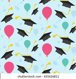 Seamless graduation ceremony pattern. Throwing hat and balloons in the air. Isolated vector illustration with flat academic hats on blue background