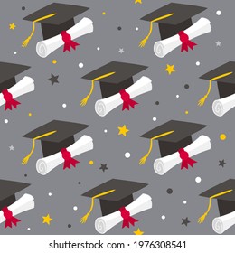 Seamless graduation gray pattern with doodle style elements. Hand drawn holiday background with scroll, stars and a graduate cap. Vector illustration.
