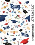 Seamless graduation pattern with caps, diplomas, banners and just graduated lettering. Colorful celebration background with confetti and flags, festive academic repeating design for wrapping paper, textile and decoration.