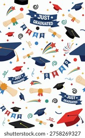 Seamless graduation pattern with caps, diplomas, banners and just graduated lettering. Colorful celebration background with confetti and flags, festive academic repeating design for wrapping paper, textile and decoration.