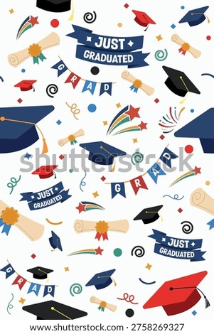 Seamless graduation pattern with caps, diplomas, banners and just graduated lettering. Colorful celebration background with confetti and flags, festive academic repeating design for wrapping paper, textile and decoration.