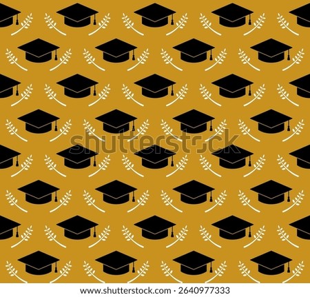 Seamless graduation pattern with caps and golden branches on white background