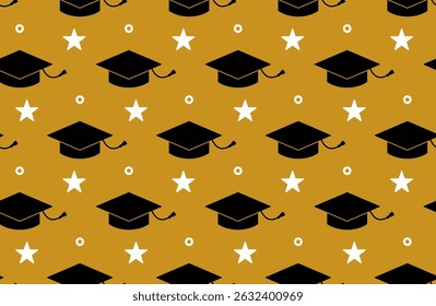 Seamless graduation pattern with caps and stars on golden background