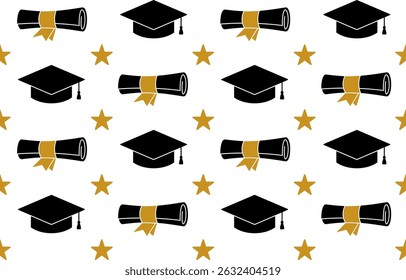 Padrão de graduação contínuo com estrelas em caps e diplomas sobre fundo branco