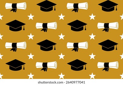 Seamless graduation pattern with caps stars and diplomas on white background