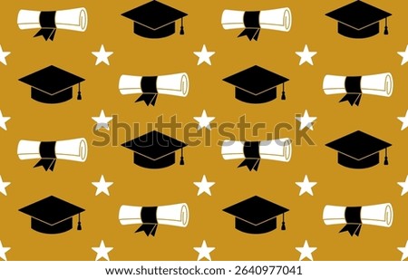 Seamless graduation pattern with caps stars and diplomas on white background