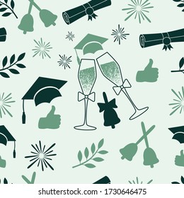 Seamless graduation pattern. Class of background. Vector illustration with graduate attributes in emerald colors