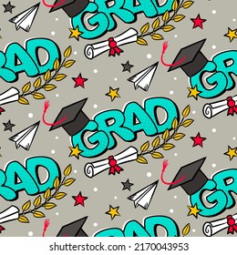 Seamless graduation pattern with comic style elements. Cartoon holiday background with flags, balloons, stars, laurel branches and a bachelor cap. Vector illustration with halftones ornaments.