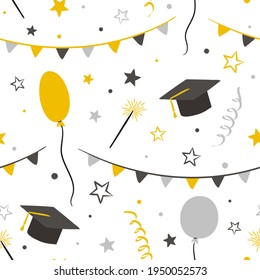 Seamless graduation pattern with doodle style elements. Hand drawn holiday background with flags, balloons, stars and a graduate cap. Vector illustration.