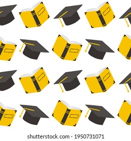 Seamless graduation pattern with doodle style elements. Hand drawn school background with open books and a graduate cap. Vector illustration.