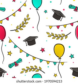 Seamless graduation pattern with doodle style elements. Cartoon holiday background with flags, balloons, stars, laurel branches and a graduate cap. Vector illustration with halftones ornaments.