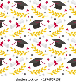 Seamless graduation pattern with doodle style elements. Hand drawn holiday background with scrolls, laurel branches, stars and a graduate cap. Vector illustration.