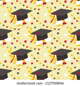 Seamless graduation pattern with doodle style elements. Hand drawn holiday background with scrolls, laurel branches, stars and a bachelor cap. Vector illustration.