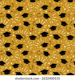 Seamless graduation pattern with flying caps, stars and fireworks