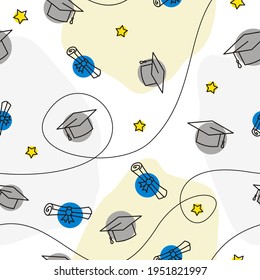 Seamless graduation pattern with line style elements. Hand drawn holiday background with rolled scrolls, stars and a graduate cap. Vector illustration.