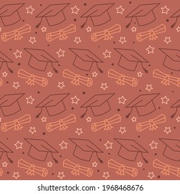 Seamless graduation pattern with line style elements. Hand drawn holiday background with rolled scrolls, stars and a graduate cap. Vector illustration.