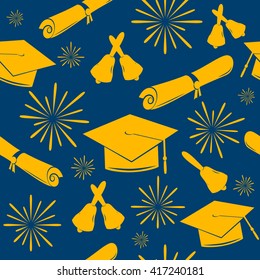 Seamless graduations backdrop of graduation caps, bells and diplomas. Graduate pattern. Celebration background. 