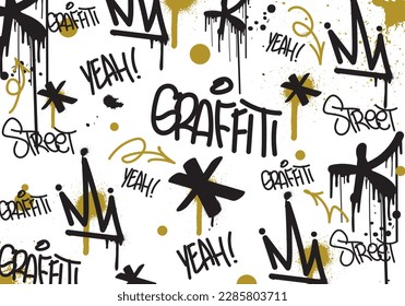 Seamless graffiti art illustration pattern. Graffiti background with throw-up and tagging hand-drawn style. Street art graffiti urban theme for prints, banners, and textiles in vector format.
